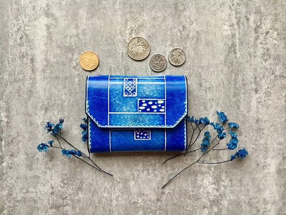 青の名刺入れ 本革の小財布/小銭入れ Business card case