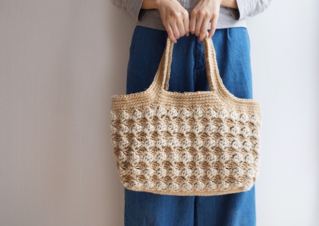 再販*麻ひもかごショルダーbag ホワイト×ナチュラルの模様編み Lサイズ*受注制作