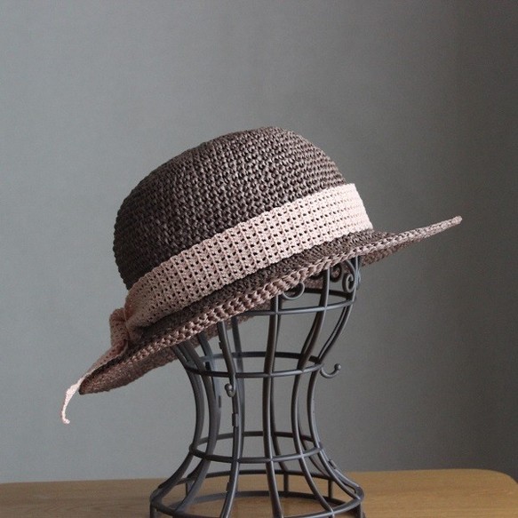 手編み＊リボンを選べる麦わら帽子（セピア・55cm）