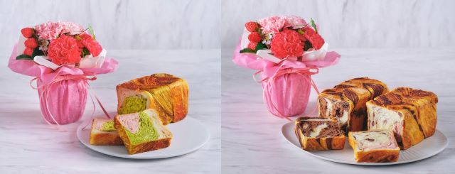 左：京都三色＋そのまま飾れるブーケ(生花)　右：さくら、フォンダンショコラ・オレ＋そのまま飾れるブーケ(生花)