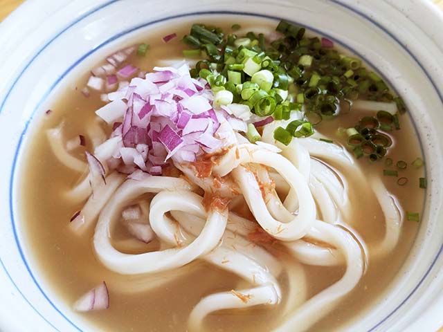 カルディ「麺にかけるだけ　鮭レモンつゆ」をかけたうどん。青ネギと紫玉ねぎのみじん切りがトッピングされている。