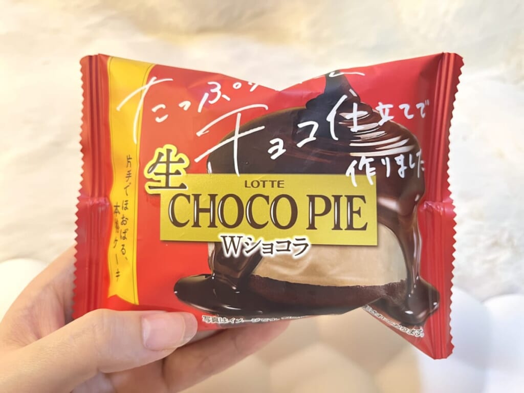 ロッテから2024年9月18日（水）新発売のフレーバー「生 チョコパイ＜Wショコラ＞」を手に持って紹介する画像