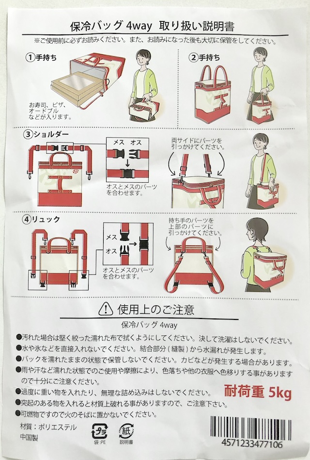 保冷バッグ4wayに付属していた説明書を真上から見た写真