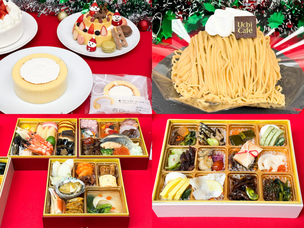 テーブルに並んだローソンのクリスマスケーキとおせち