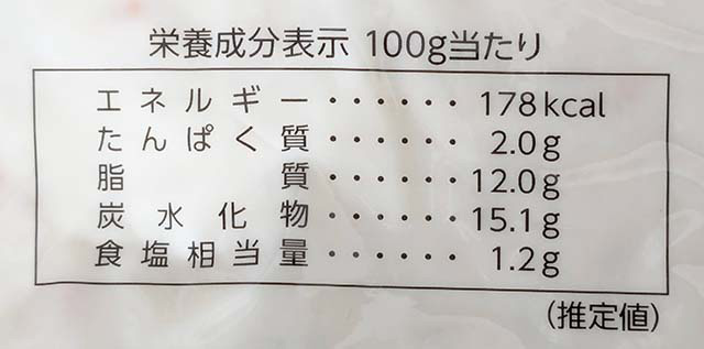 業務スーパー「ポテトサラダ」の栄養成分表示