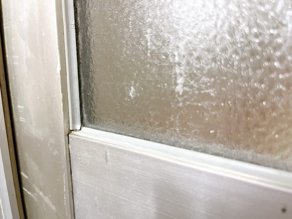 浴室のドアに黒カビと水垢がある様子