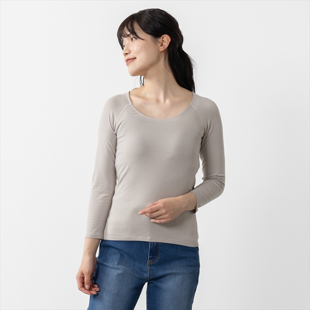 H 保湿Uネック発熱綿混あたたかインナー8分袖