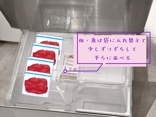 肉・魚は袋に入れ替えてすこしずつずらして平らに並べる