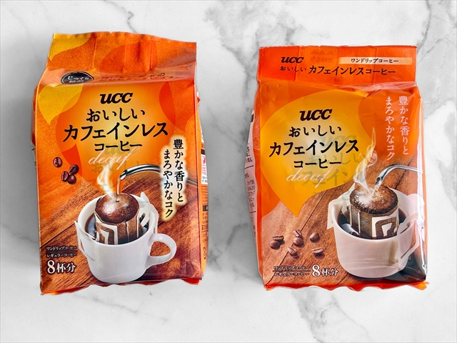 （左）リニューアル発売された『UCC おいしいカフェインレスコーヒー』（右）リニューアル前