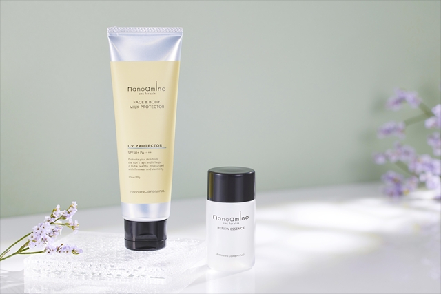 『ナノアミノ UVミルクプロテクター セラム フローラルデュー 70g』『ナノアミノ リニューエッセンス 30ml』2