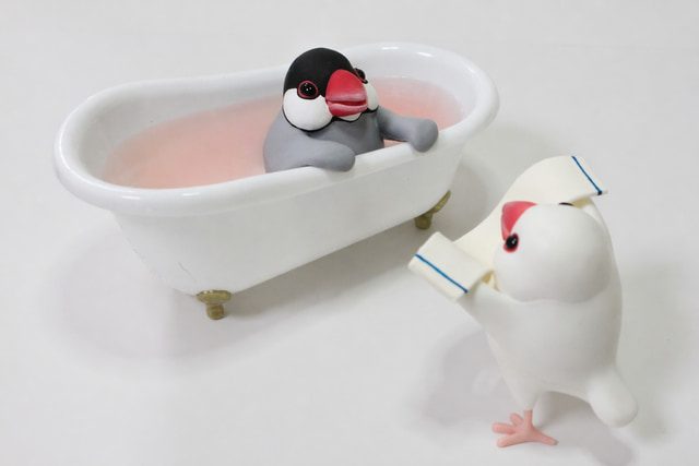 桜文鳥パッケージに使用した、立体造形作家 midonos.の桜文鳥と白文鳥の粘土細工