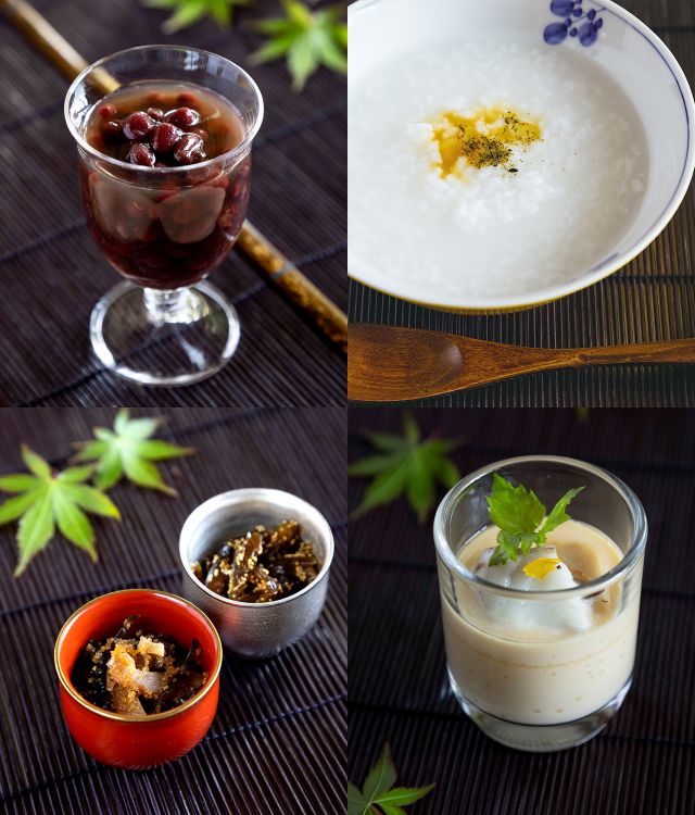 ぜんざい、冷やしかゆ、子持しぐれ、茶碗蒸し